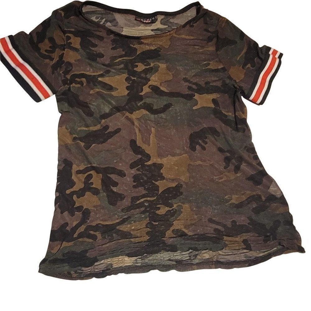 Discreet Womens Brown Red Camouflage Short Sleeve Casual Blouse Top Size Medium